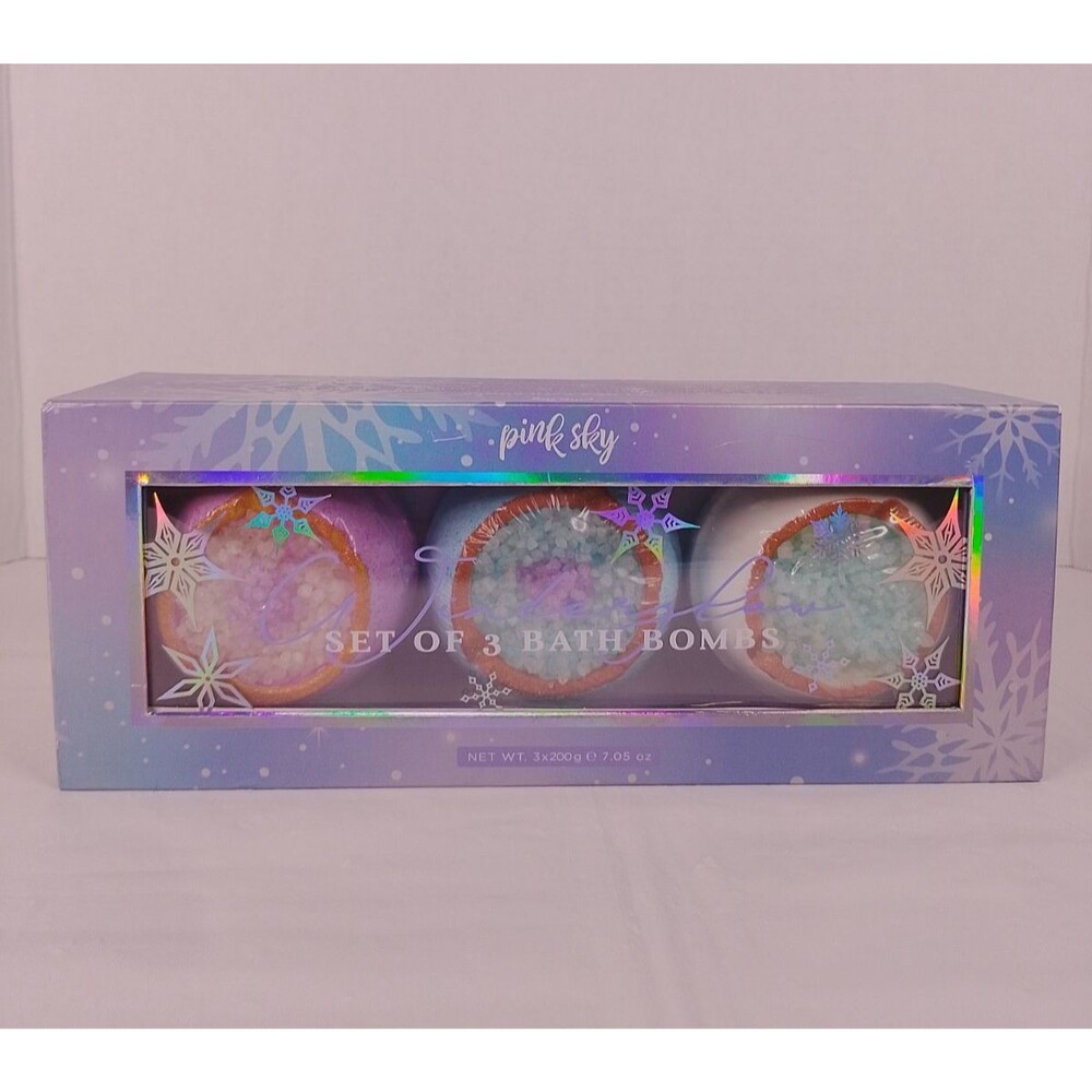 Pink Sky Set of 3 Bath Bombs Snowflake Gift Box Open Box Sealed Contents